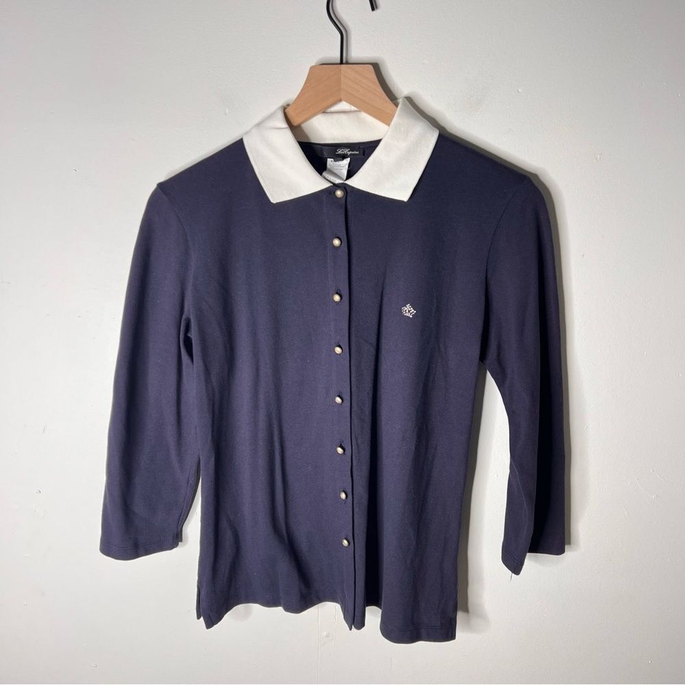 Les Copains Navy Button Down Sweater with White Collar Cardigan Top size 44 prep